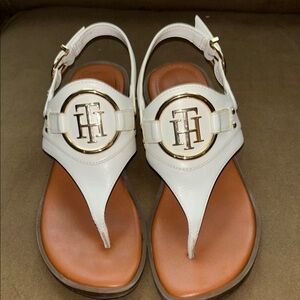 Tommy Hilfiger Cream and Gold Logo Sandals